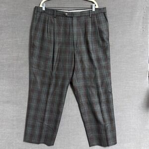 Berle Pants 40 Green Brown Plaid Wool Pleated Dress Trousers Classic Prep Casual
